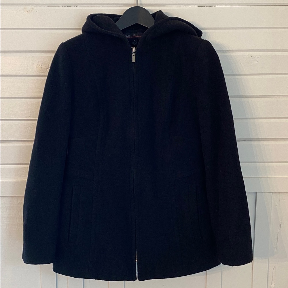 Jason Kole Women's Wool Black Pea Coat with Hood Zip Up Size Medium